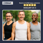Three men wearing CORE sculpt tank tops with a background of happy customers and ratings.